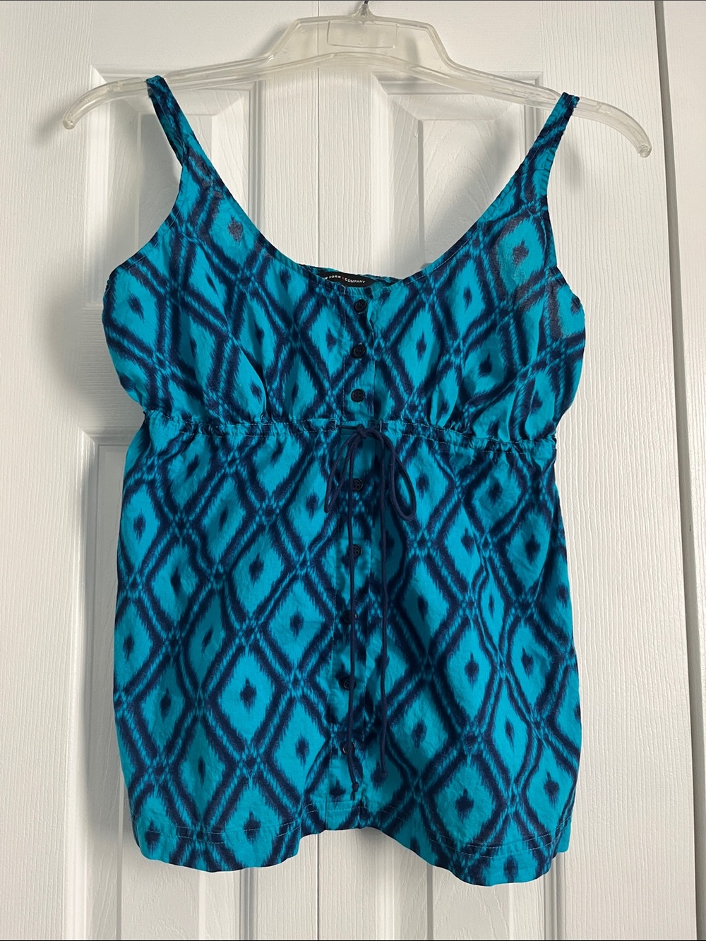 New York & Company Teal and Navy Ikat Cotton Top